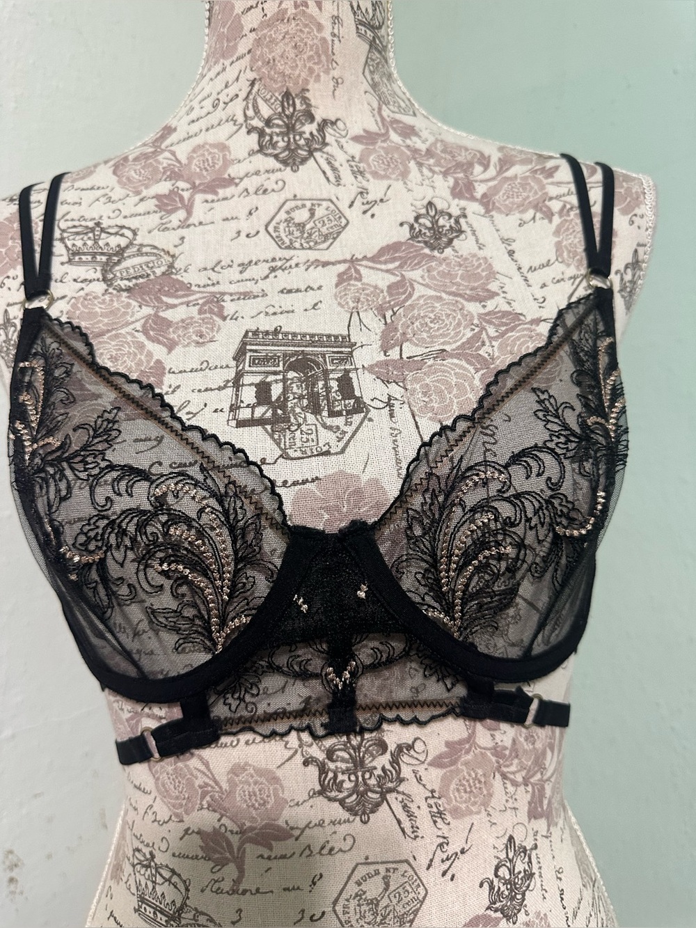Bluebella Sheer Embroidered Underwire Bra - Black gold accents size 32B lace